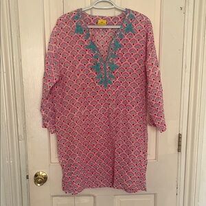 Roberta Roller Rabbit Pink Pineapple Tunic Blue Embroidery Size XL